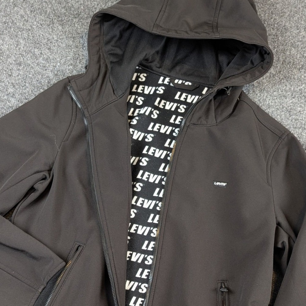 Levis Mens Black Softshell Hooded Jacket Fleece Lined Full Zip Size S